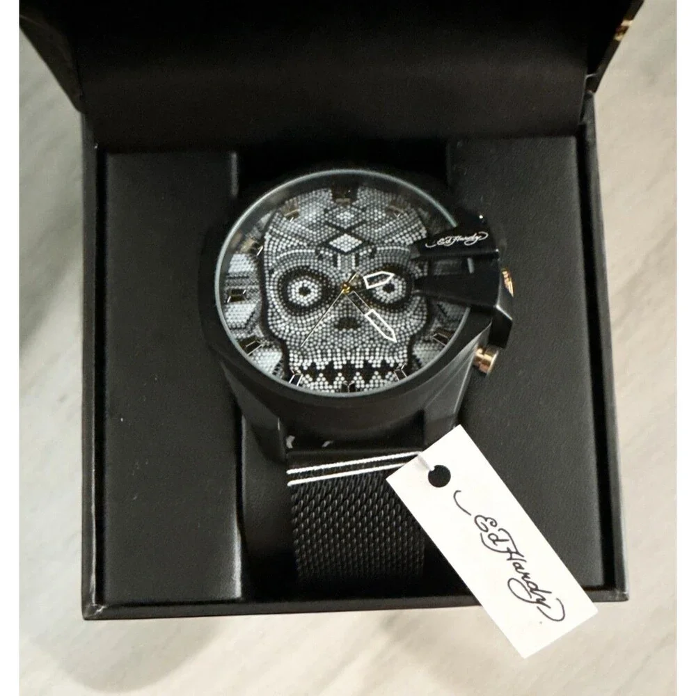 Ed Hardy Singles Men's Beaded Skull 53mm Dial/ Matte Black/White, Metal Band
